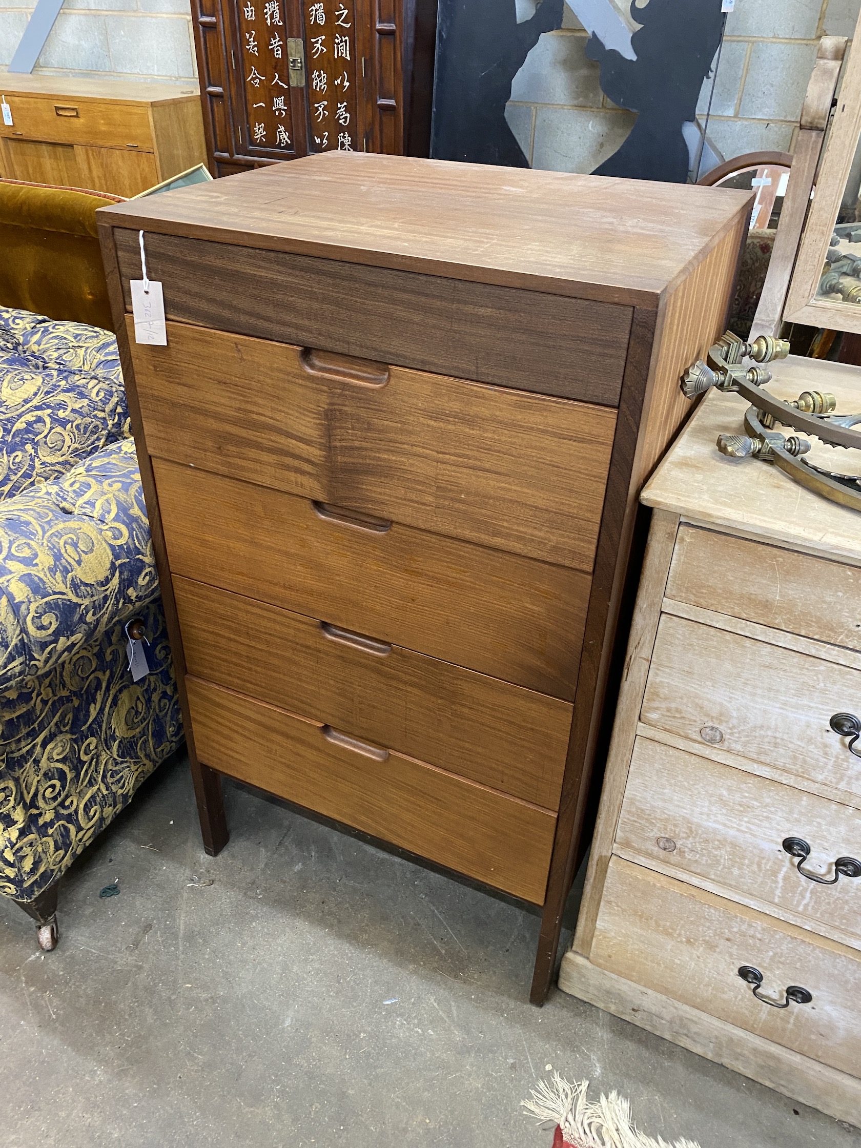 A mid century design teak five drawer chest, width 62cm, depth 51cm, height 108cm